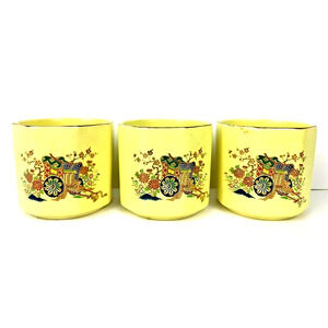Vintage Japanese Sake Tea Cup 3 Piece Yellow Cart Design Octagon Rim Pin Stripe